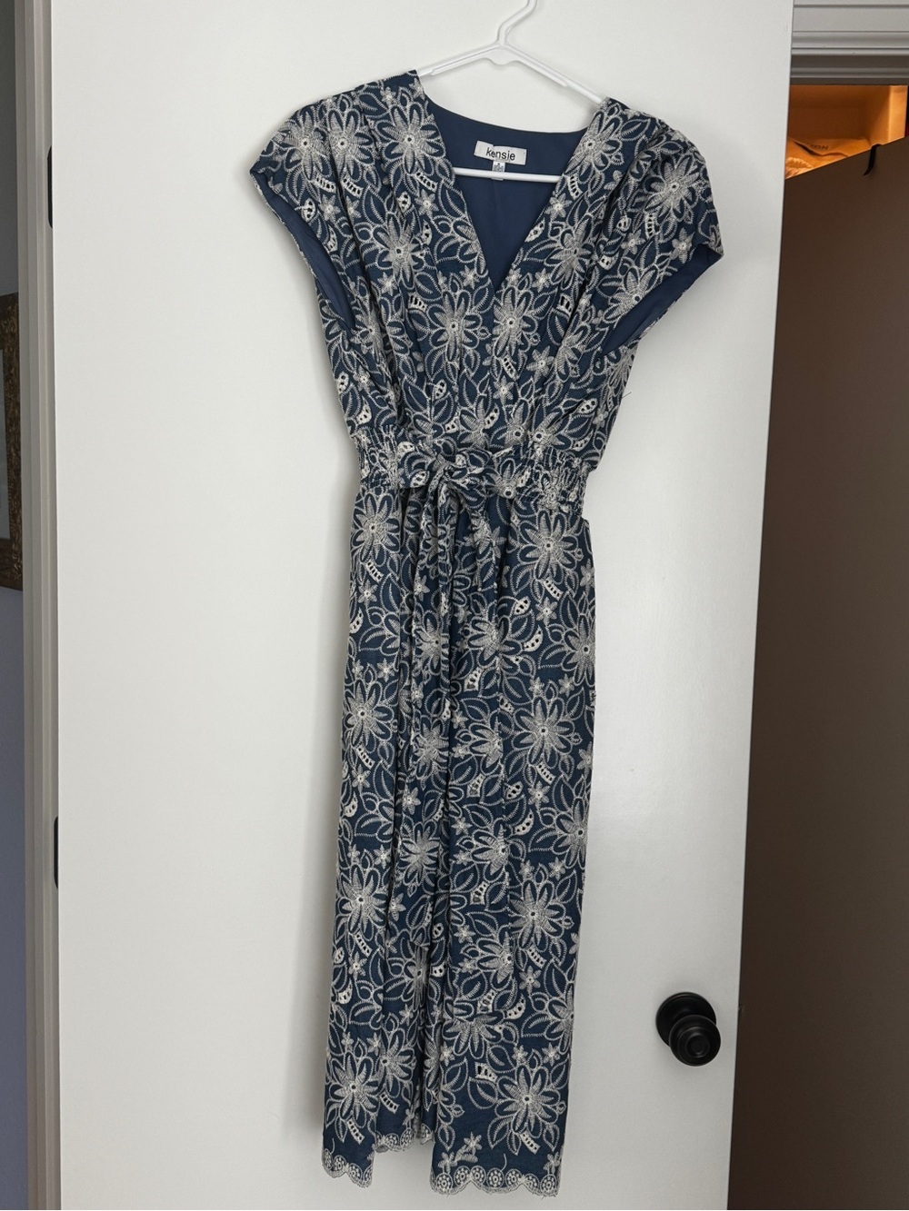 Kensie Navy and Ivory Floral Lace-Trim Midi Dress